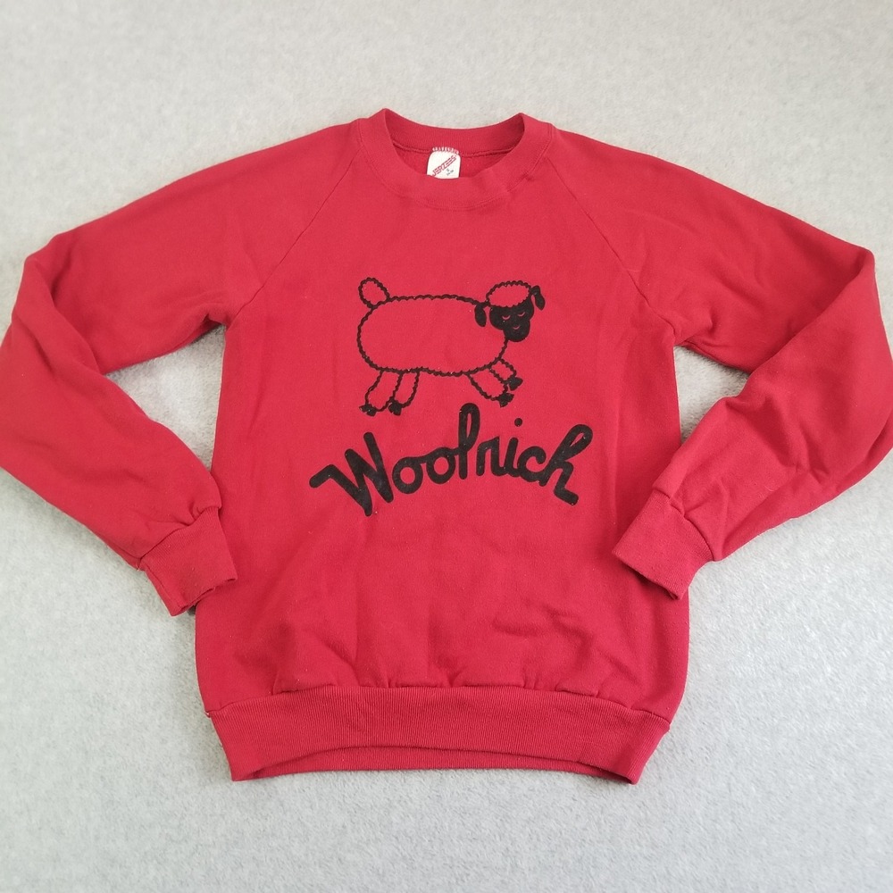 VTG Woolrich Sweater Mens Small Red Sheep USA Crewneck Fleece Raglan 80s Jerzees